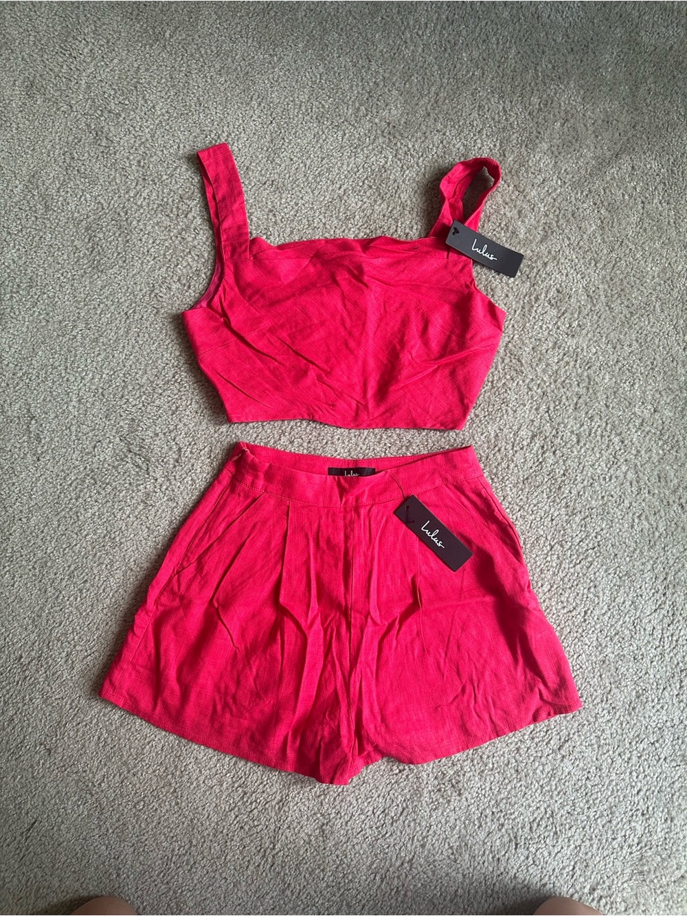 Lulu's Bright Pink Crop Top & High-Waist Shorts Set